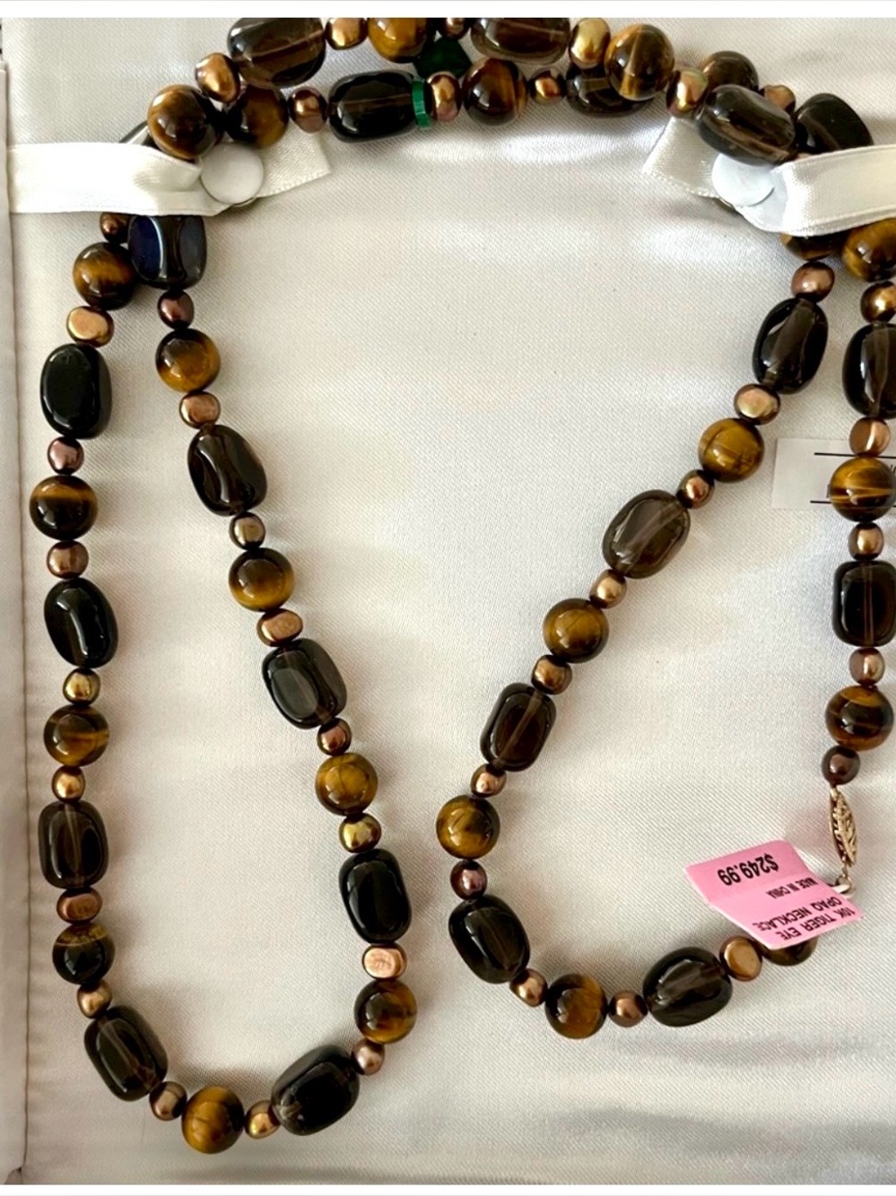 10K Gold TIGERS EYE Baroque Pearl 10mm Bead Long Necklace New PERFECT GIFT